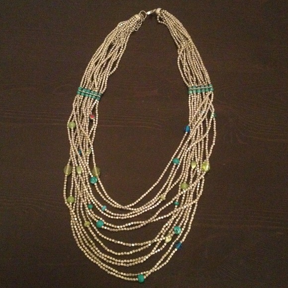 Silver and blue bead necklace.