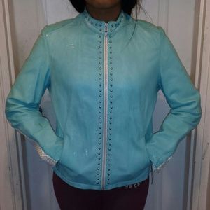 Aqua leather racer jacket