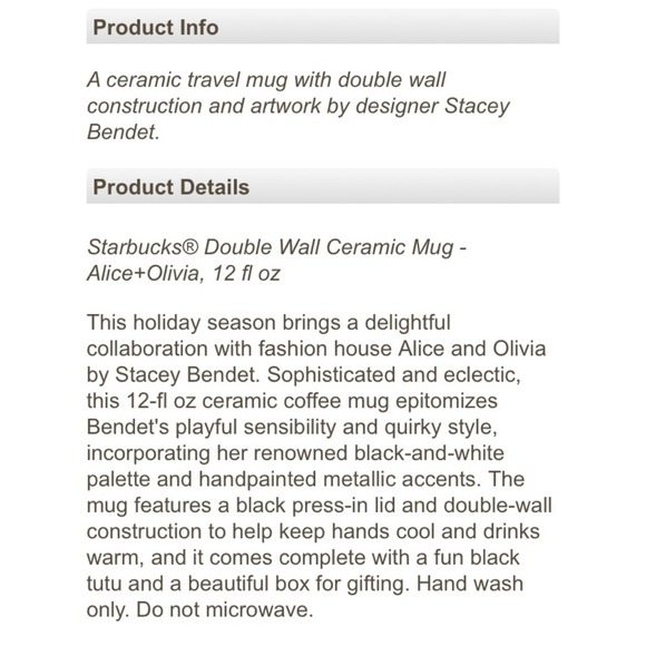 Alice + Olivia Accessories - Alice + Olivia x Starbucks Double Wall Ceramic Mug Alice + Olivia Accessories - Alice + Olivia x Starbucks Double Wall Ceramic Mug