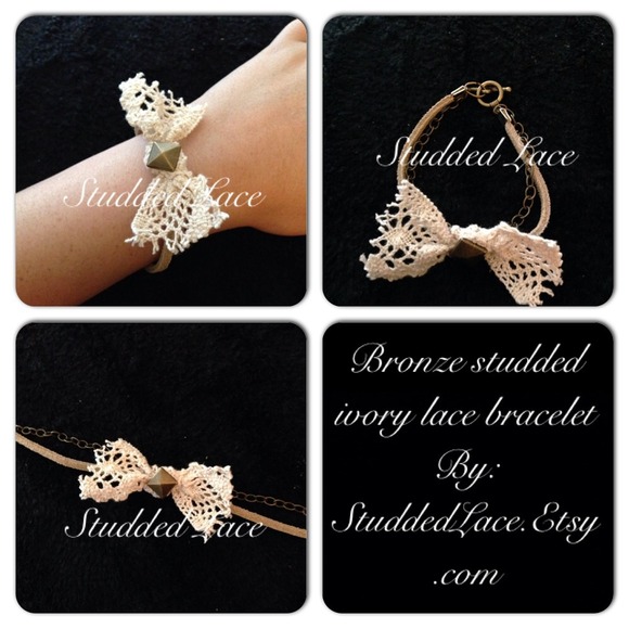 Bronze studded leather and lace bow bracelet