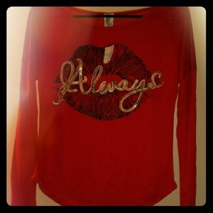 Voice red luscious lips long sleeve shirt.