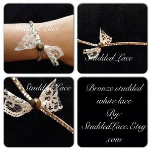 Studded lace bow and crystal leather bracelet