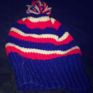 Red white and blue puff beanie