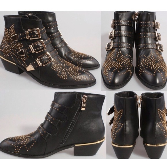 NEW! Leather Studded Chloe-Style Buckle Ankle Boot - Picture 2 of 4