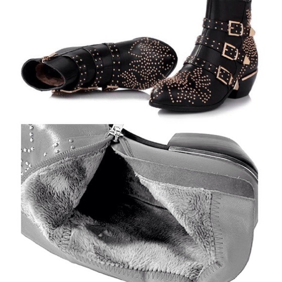 NEW! Leather Studded Chloe-Style Buckle Ankle Boot - Picture 3 of 4