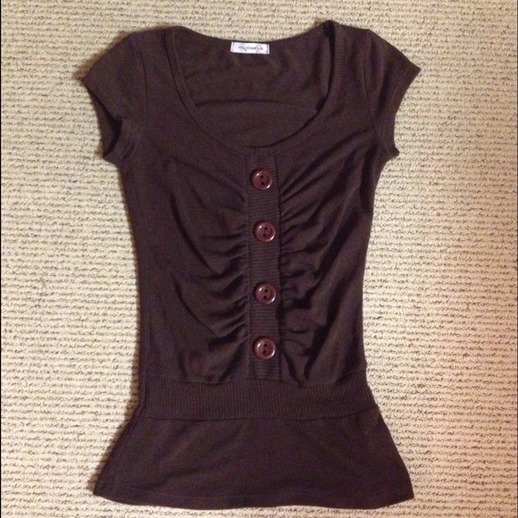 Stylish Brown Buttons Scoop Neck Shirt