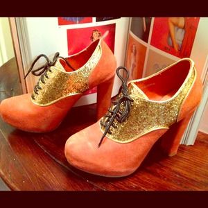 Kimchi Blue Orange and Gold Glitter Suede Booties