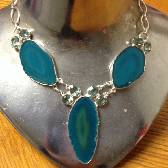 Agate & aquamarine quartz sterling 925 necklace