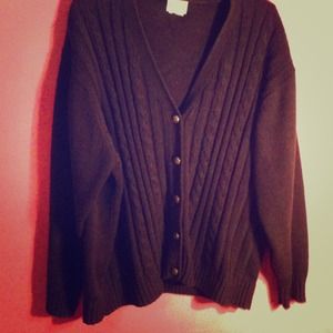 dark brown cardigan with gold buttons