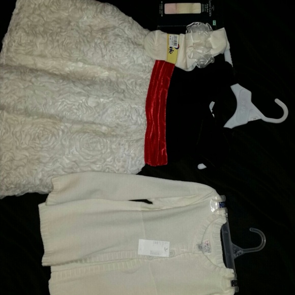 Lil girl dress, sweater, shoes, socks, tights