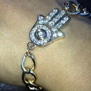 GOLD RHINESTONED HAMESH HAND, CHAIN BRACELET