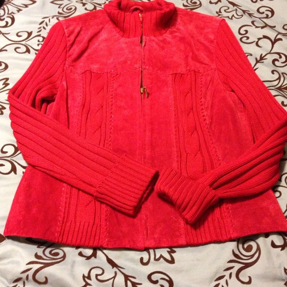 Coldwater Creek cranberry leather accent jacket