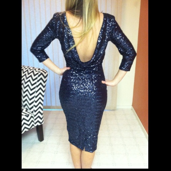 SALE Drape low back navy sequin 3/4 sleeve dress