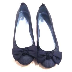 Dark denim bows on toes ballet flats