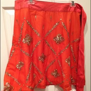 Prashe orange gold flower sequin silk skirt