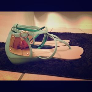 Mint green sandals w/ gold metal plates