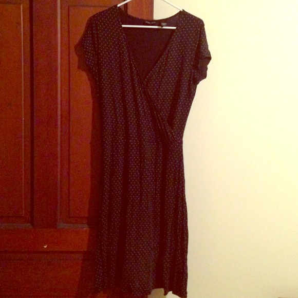 RESERVED-Black dress with tan polka dots faux wrap