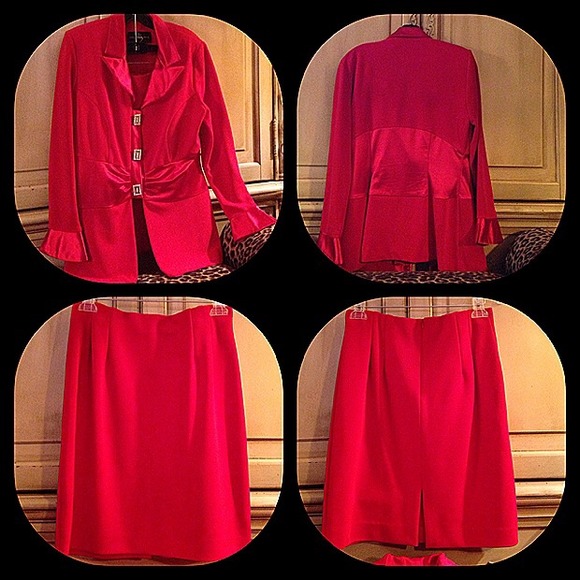 Lipstick red spandex skirt suit satin features - Picture 2 of 4