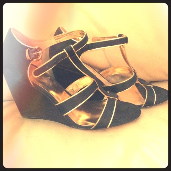 Coach satin gold and black wedge sandals