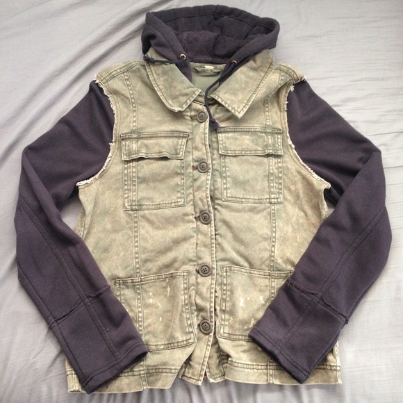 Free People Olive Distressed Hooded Jacket