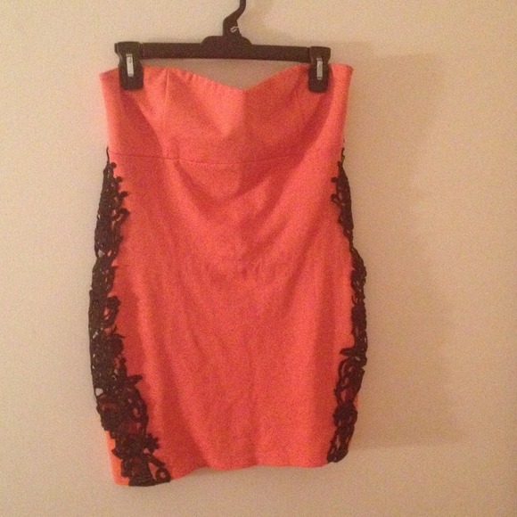 Salmon and black lace dress