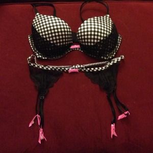 Victoria's Secret black gingham lace bra & garter