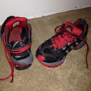 Mens red, black, & grey colored Adidas shoes