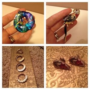 Parrot pin, glass pin, gold pin set & earrings