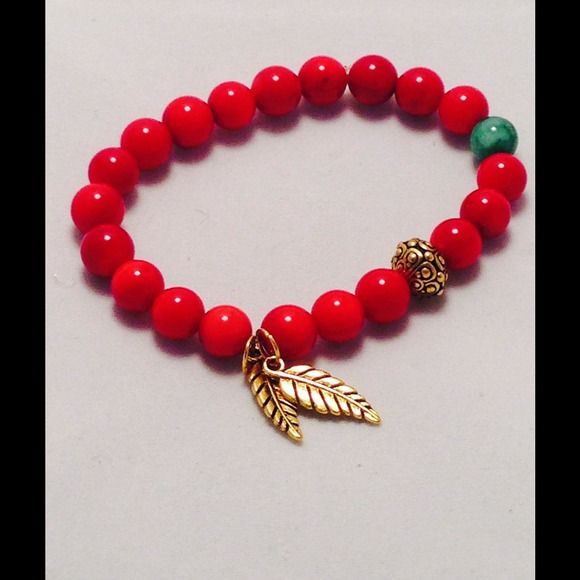 Red Coral with African Jade & Leaf - Picture 1 of 1