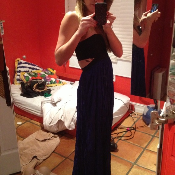 Long, edgy, royal blue, floor length dress