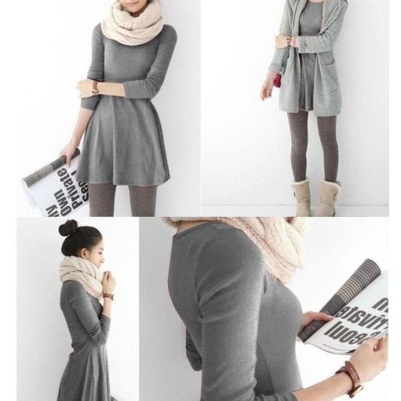 Deep Grey Long Sleeves Wool Dress