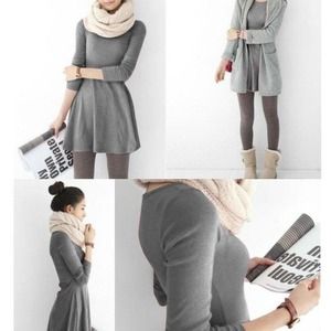 Deep Grey Long Sleeves Wool Dress
