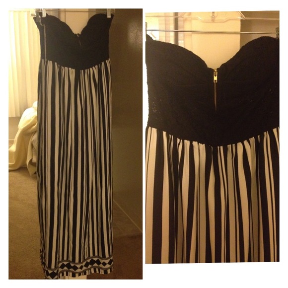 Black & white strapless maxi dress.