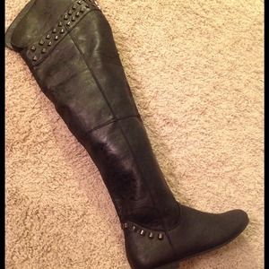 Black Leather Knee High Studded Boots: Size 6.5