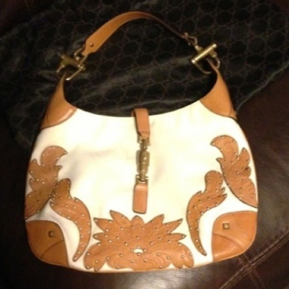 Auth GUCCI Tooled Leather Canvas Handbag Bag Purse