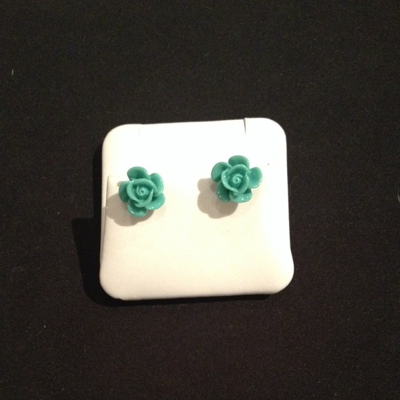 Teal rose stud earrings