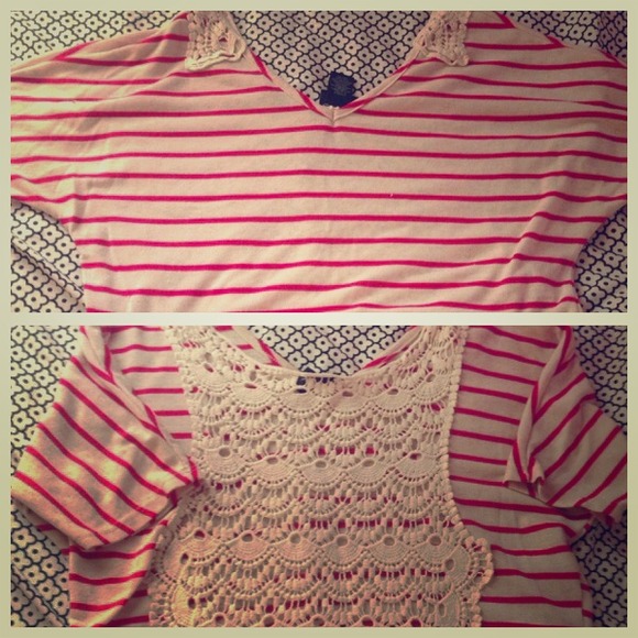 Magenta/cream striped crop top with lace back
