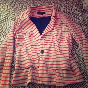 Pink and white blazer with navy blue button