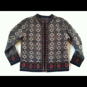 100% WOOL CARDIGAN SWEATER size Medium black tan