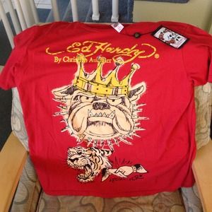 Red studded men's Ed Hardy Shirt NWT