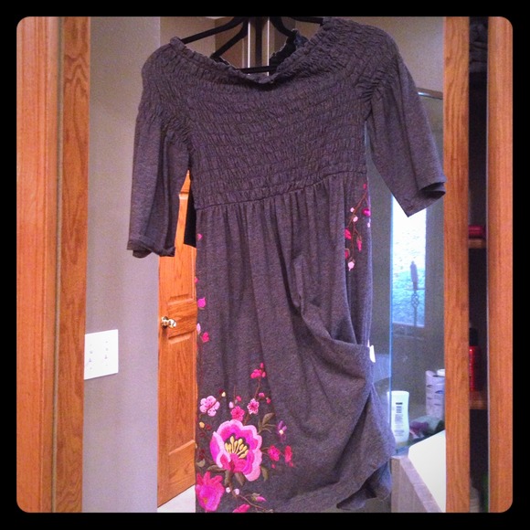 Grey pink floral embroidered dress