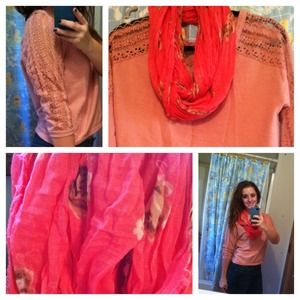 Scarf and lace top.