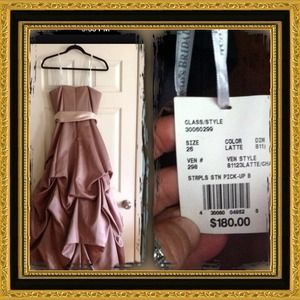 David's Bridal strapless Latte bridesmaids dress
