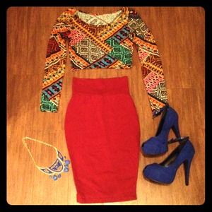 <Bundle>Tribal Print Crop Top & Midi Skirt
