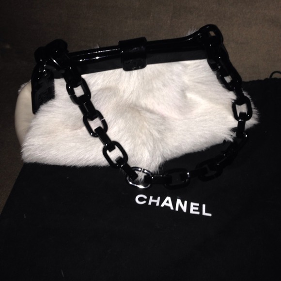 SOLD- AUTH Chanel white rabbit fur & lamb skin