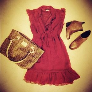 Dotted ruffle burgundy dress.