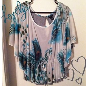 Sheer peacock print peasant top
