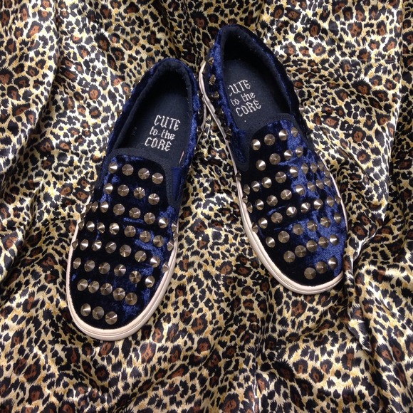 Blue suede studded slip ons