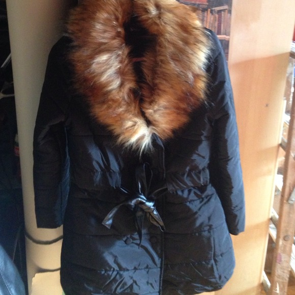 Black puffer jacket with real fur collar
