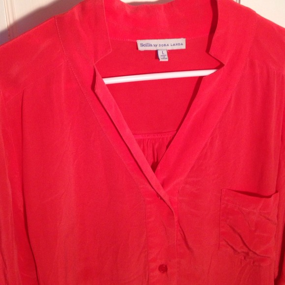 Coral Button Up 100% Silk Top - Picture 2 of 4